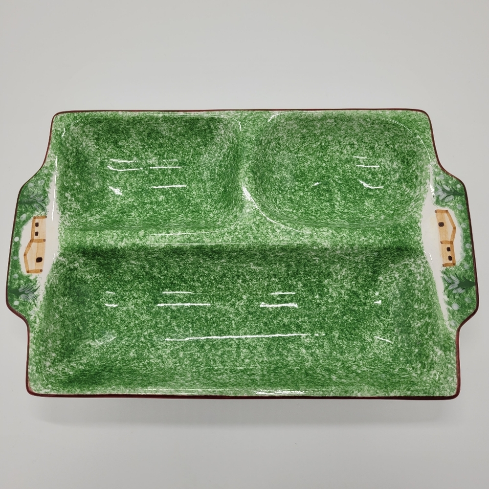 The Cellar Log Cabin 3 Section Rectangular Ceramic Serving Platter Vintage 1998